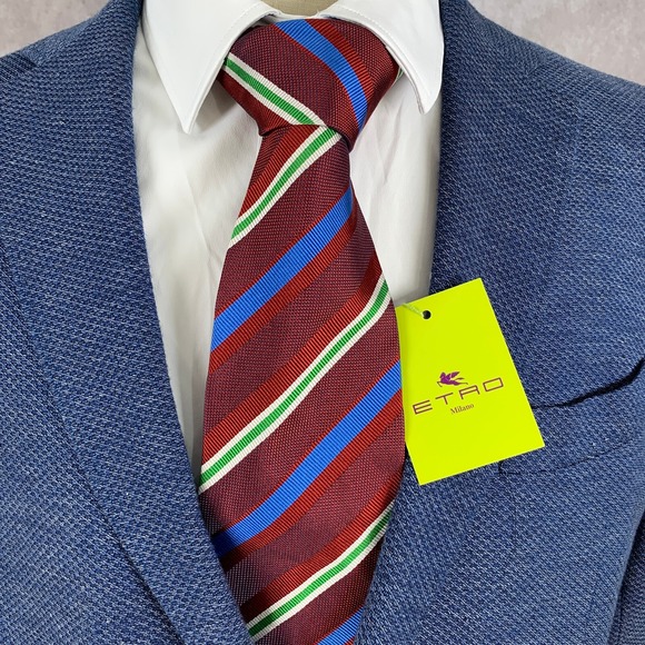 Etro Milano Necktie Men Red Striped Business Modern Formal Silk Italy Made NEW